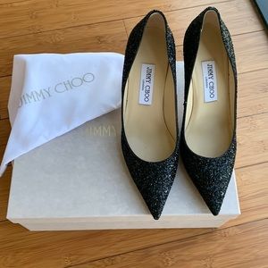 New with box, Jimmy Choo glittery black pointed toe pumps sz 37.5